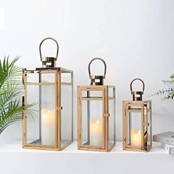 Set of 3 Stainless Steel Lantern 19'' High Metal Candle Holder (Rose Gold) - Picture 1 of 3